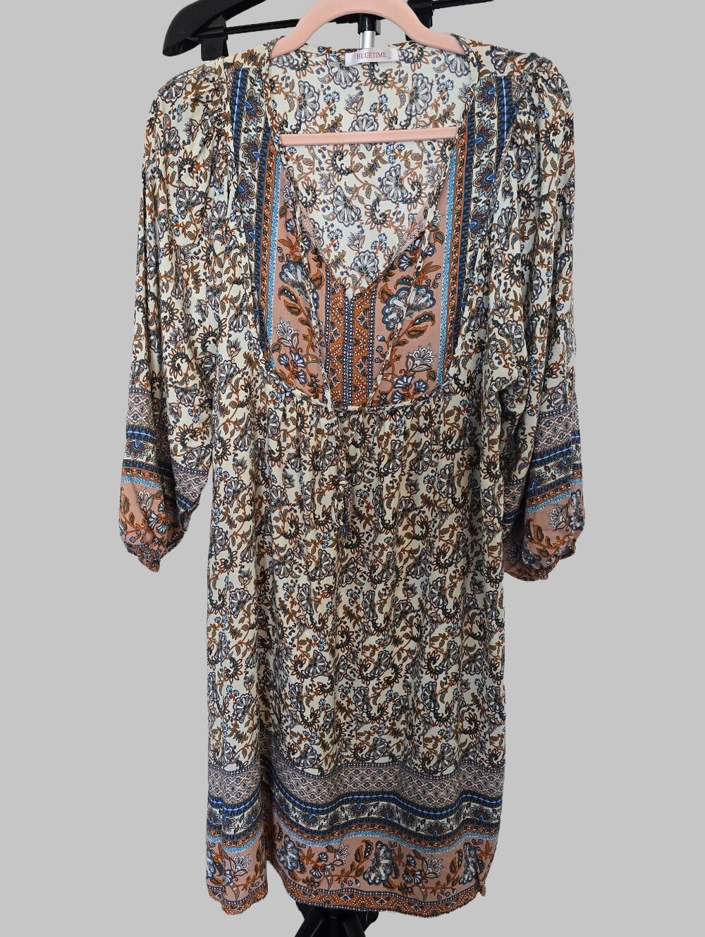 Boho Floral Print Peasant Dress in Cream and Tan